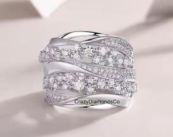 Round Cut Moissanite Diamond Multi Row Designer Wide Band, Dazzling Elegant Design Wedding Ring, Cluster Design Art Deco Party Wear Ring