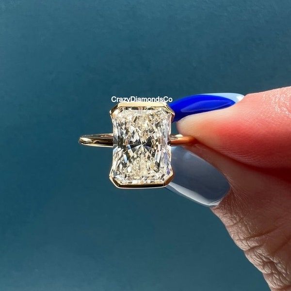 Anello con diamante Moissanite a taglio radiante da 3,31 CT, anello di fidanzamento in oro giallo 14k con mezza lunetta a basso profilo, anello nuziale solitario da donna