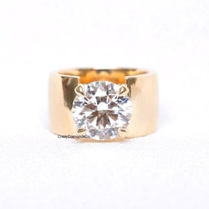 10 MM Round Moissanite, Wideband Custom Engagement Ring For Her, Big Diamond Unique Wedding 14k Rose Gold Ring, 4 Prong Solitaire Thick Band