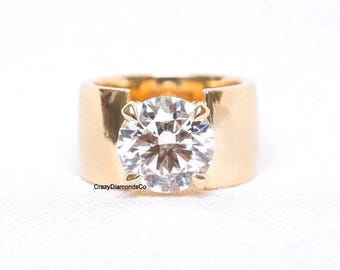 10 MM Round Moissanite, Wideband Custom Engagement Ring For Her, Big Diamond Unique Wedding 14k Rose Gold Ring, 4 Prong Solitaire Thick Band