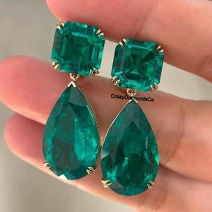 Elegant May Birthstone Tear Drop Earrings, Asscher and Pear Cut Green Emerald Gemstone, Latch Back Double Prong Design Dangle Drop Earrings