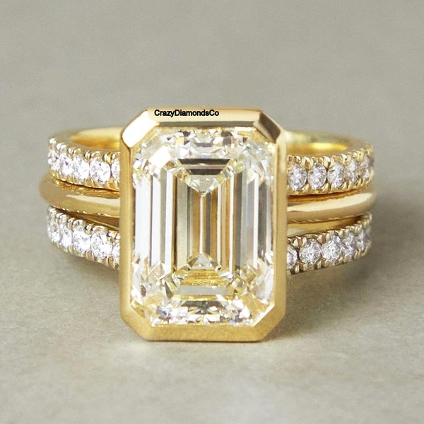 Trio Wedding Bridal Ring Set, 5.34 CT Emerald Cut Bezel Set Engagement Ring, With V Shape Two Matching Full Eternity Band, 18k Yellow Gold