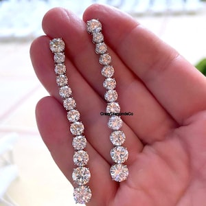 Moissanite Diamond Earrings, Tennis Falling Earrings, Dangling Drop Wedding Earrings, Straight Dainty Modern Bridal Earrings, 18k White Gold