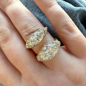 Horizontaler 10 x 7 mm Farbloser Moissanit-Diamantring im Ovalschliff, Vintage-Ring aus spitzem Pave-Korb, Ost nach West Statement-Ring im Marquise-Schliff