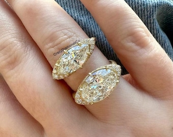 Horizontal 10X7 mm Oval Cut Colorless Moissanite Diamond Ring, Pointed Pave Basket Vintage Ring, East To West Marquise Cut Statement Ring