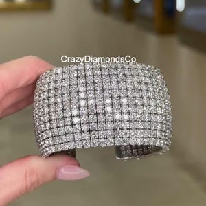 Multiple-Row 2.8mm Round Cut Moissanite Diamond Cuff Bracelet, Flexible 11 Row Cuff Style Bracelet, 18k White Gold Wide Bangle, Gift For Her