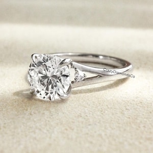 Solid 10K White Gold Ring, Classic Engagement Ring, Three Stone Moissanite Split Shank Ring, 2.12 TCW Round Cut Colorless Moissanite Ring