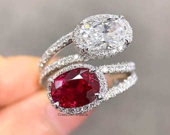 Ruby And Diamond Toi Et Moi Ring, 8X6 MM Oval Cut Ruby Gemstone & White Moissanite Diamond Halo Split Shank Engagement Ring, Gift For Her