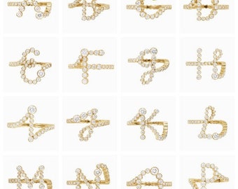 A tot Z alfabetische woord diamanten ring, Moissanite Diamond Bezel set letter naam verlovingsring, 14k geel gouden verjaardag & afstudeercadeau