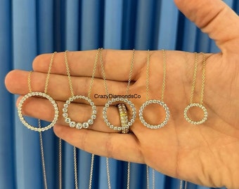 Round Cut Colorless Moissanite Diamond Necklace, Bezel Set Open Circle Necklace, 14k Yellow Gold Necklace, Prong Set Wedding Pendant, Gift