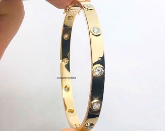 Flush Set Diamond Bangle, Yellow Gold 3.50 mm Round Cut Lab-Grown Diamond Bangle, Diamond Bangle For Daily Wear, Moissanite Diamond Bangle