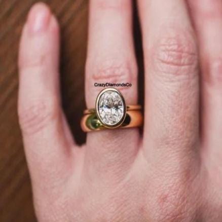 10K Yellow Gold Ring Set, Gorgeous 2.50 CT Oval Cut Colorless Moissanite Bezel Set Wedding Ring, Pair With Plain Cigar Wide Matching Band