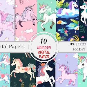 Unicorns Patterns Digital Paper Cute Watercolor Unicorn Rainbow Digital Papers Sublimation Printable Scrapbook Paper Background Files