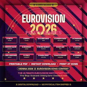 May include: A digital Eurovision 2026 party game kit, available as a printable PDF. The design is red and purple with gold stars and includes games like trivia and bingo. The text reads "Eurovision 2026 Party Games".