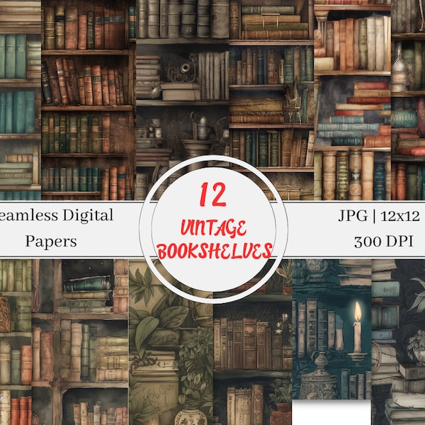 Vintage-Bücherregale-Muster, digitales Papier, Lesebibliothek, 12er-Pack, digitales Sammelalbum, nahtlose Muster, Bücher, Pflanzen, Vintage-Hintergründe