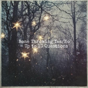 May include: A square image with a vintage filter. The image features a dark forest scene with bare trees and twinkling star-shaped lights. Text reads "Bone Throwing Yes/No - Up to 10 Questions".