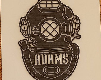 Personalized Dive Helmet Wall Decor, Copper & Wood Scuba Sign