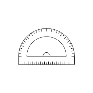Peut inclure: Un dessin au trait noir et blanc d'un rapporteur, un outil utilisé pour mesurer les angles.
