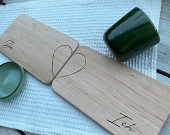 Geschenk Frühstücksbrettchen für Paare - Geschenkidee zum Valentinstag, aus Erlen Holz, "Du und Ich", personalisiertes Geschenk