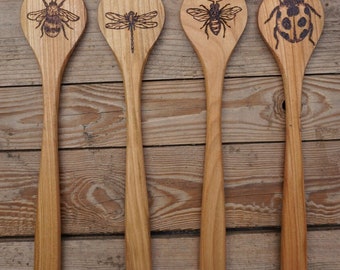 Personalized wooden cooking spoon with pyrography of a bee, bumblebee, dragonfly, ladybug; handmade gift.