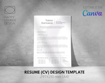 Simple A4 Resume design template, DIY resume template, canva resume, digital resume template, CV design template, Simple CV template