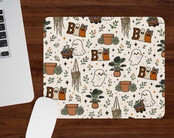 Kawaii Halloween Mouse Pad, Cute Ghost & Plant Mousepad, Botanical Fall Desk Mat, Spooky Cottagecore Desk Decor, Plant Lover Gift
