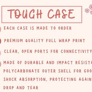Puede incluir: Un gr&aacute;fico rosa, rojo y blanco con el texto "TOUGH CASE" en un cuadro rojo. El gr&aacute;fico enumera las caracter&iacute;sticas de una funda para tel&eacute;fono: cada funda se hace por encargo, impresi&oacute;n envolvente de calidad superior, puertos abiertos transparentes para la conectividad, hecha de policarbonato duradero y resistente a los impactos, que ofrece una buena absorci&oacute;n de los impactos, protegiendo contra ca&iacute;das y desgarros.
