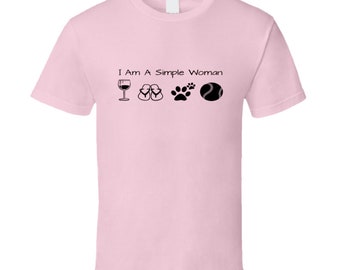 Simple Woman T-Shirt: Wine, Flip Flops, Dog, Baseball