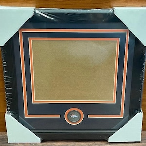 May include: A black framed picture with a brown mat and a small circular emblem in the bottom center. The emblem has a white background with a blue and orange logo.