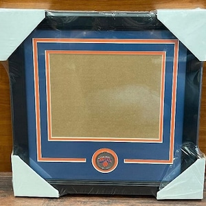 May include: A black picture frame with a blue mat and an orange inner mat. The frame has a round, orange and blue logo in the bottom center with the word "Knicks" in white.