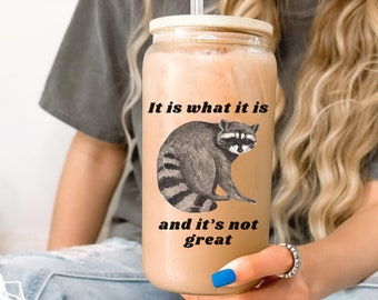 It is What It is and It's Not Great Frosted Glass Cup Tumbler Gift, Funny Sarcastic Racoon Meme Glass Tumbler, Cottagecore Racoon Cup