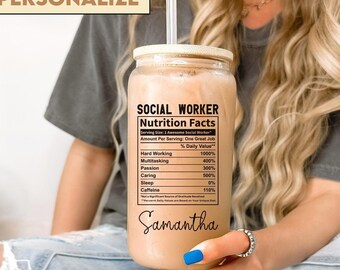 Personalized Social Worker Nutrition Facts Frosted Cup Tumbler Jar, Christmas Birthday Anniversary Gift for Welfare Worker Case Worker LCSW