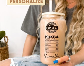 Personalized Principal Nutrition Facts Frosted Cup Tumbler Jar, Christmas Birthday Anniversary Gift for Elementary Middle High School