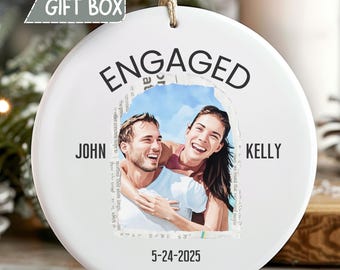 Personalized Engaged Photo Ornament with Box and Ribbon, First Christmas As Engaged, Christmas Keepsake, New Couple Fiancé Fiancée Gift