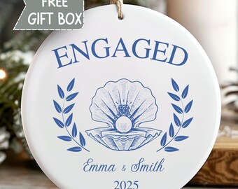 Personalized Engagement Shelly Ya Ornament with Box, First Christmas As Engaged Keepsake, New Couple Fiancé Fiancée Gift, Beach Shell Lover
