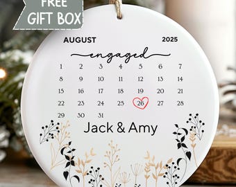 Personalized Engaged Calendar Ornament with Box, First Christmas As Engaged Date Keepsake, New Couple Fiancé Fiancée Gift, Floral Ornament