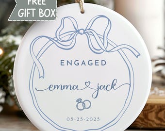 Personalized Engagement Minimalist Bow Ornament with Box and Ribbon, First Christmas As Engaged Keepsake, New Couple Fiancé Fiancée Gift