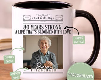 80th Birthday Mug Personalized Gift, Gift for Someone Turning 80 Year Old, Funny Magazine Newspaper, Custom Photo