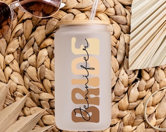 Personalized Bride Name Frosted Glass Jar Tumbler with Bamboo Lid and Straw, Gift for Bridal Shower Party Gift for Daughter Best Friend