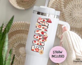 Personalized Strawberry 40oz Tumbler Gift, Strawberry Travel Cup Gift, Berries Floral Tumbler, Strawberry Lover Gift for Christmas Birthday
