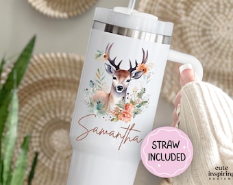Personalized Deer 40oz Travel Cup Tumbler, Deer Lover Tumbler Christmas Birthday Gift, Outdoorsy Deer Tumbler Gift