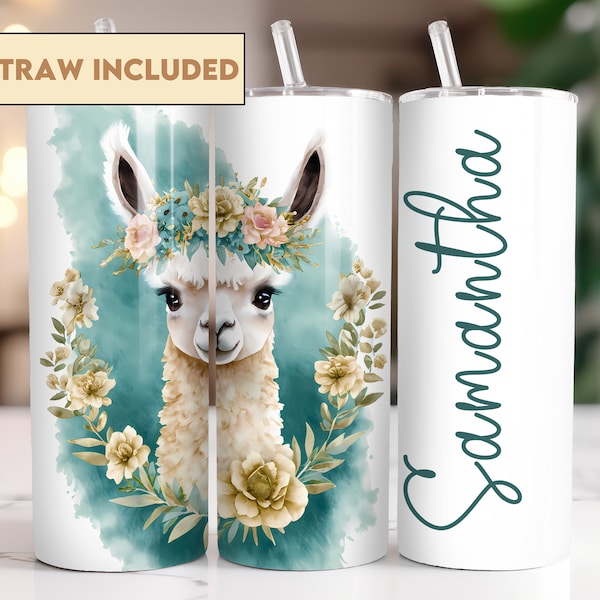 Personalized llama Tumbler Gift, Blue Watercolor Floral Baby Llama Tumbler Christmas Birthday Gift for llama Lover, Gift for Friend Daughter