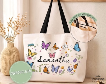 Personalized Butterfly Tote Bag Gift, Christmas Birthday Gift for Butterfly Lover, Custom Name Butterfly Tote