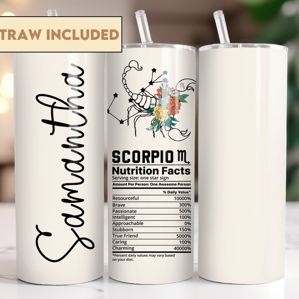 Personalized Zodiac Scorpio Sign Nutrition Facts Tumbler Gift, Christmas Birthday Anniversary for Astrology Lover Friend Coworker Daughter