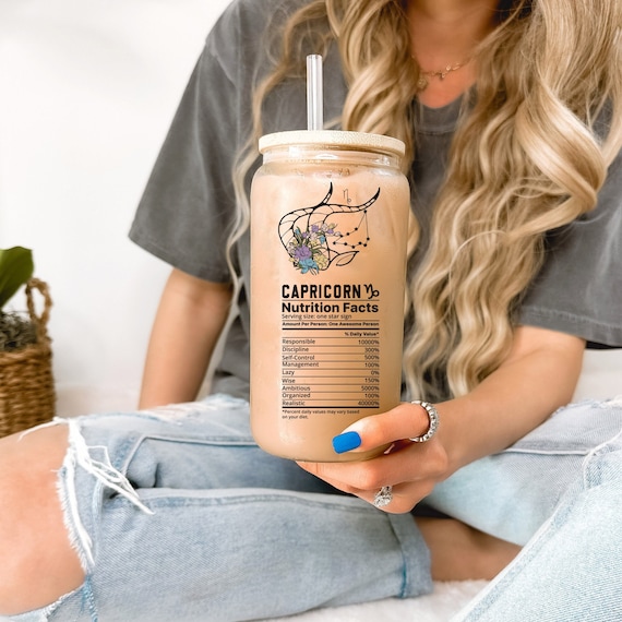 Zodiac Capricorn Sign Nutrition Facts Frosted Cup Tumbler Jar, Christmas Birthday Anniversary Gift Astrology Lover Friend Coworker