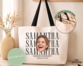 Personalized Bachelorette Party Tote Bag Gift, Custom Face Photo Girl's Weekend Going Away, Custom Location Team Bride Matching Totes