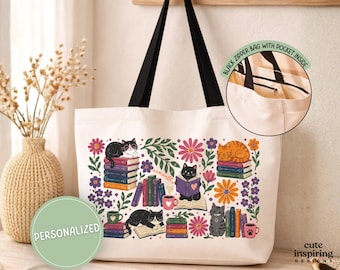 Personalized Floral Cat Tote Bag, Christmas Birthday Gift for Cat Owner Lover, Cat and Books Lover Gift
