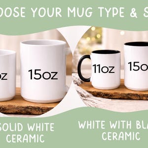 May include: Image shows two sets of ceramic mugs, each with different sizes and styles. The first set features solid white mugs in 11oz and 15oz sizes. The second set has white mugs with black interiors and handles, also in 11oz and 15oz sizes.