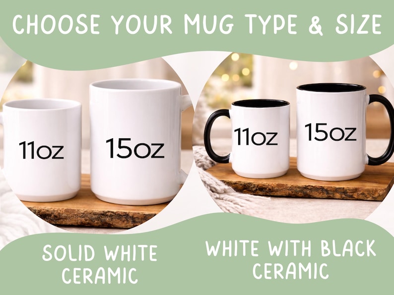 May include: Image shows two sets of ceramic mugs, each with different sizes and styles. The first set features solid white mugs in 11oz and 15oz sizes. The second set has white mugs with black interiors and handles, also in 11oz and 15oz sizes.