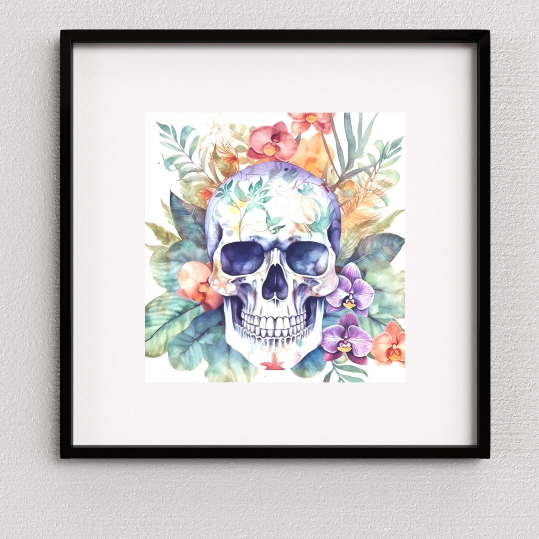Colorful Watercolor Mexican Skull Wall Art Print With Flowers and